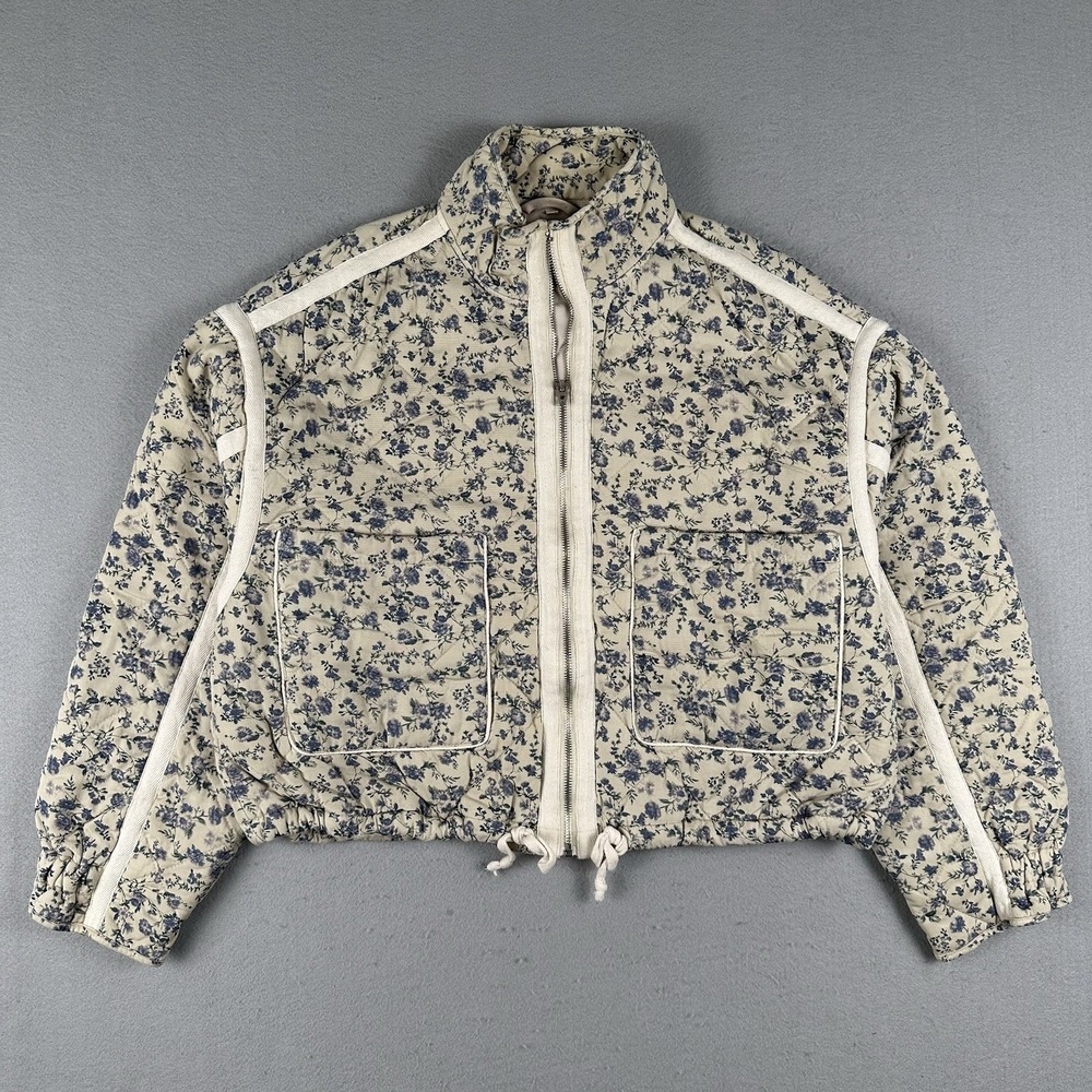Blank NYC Quilted Jacket Women's Large White Blue Floral Cropped Insulated